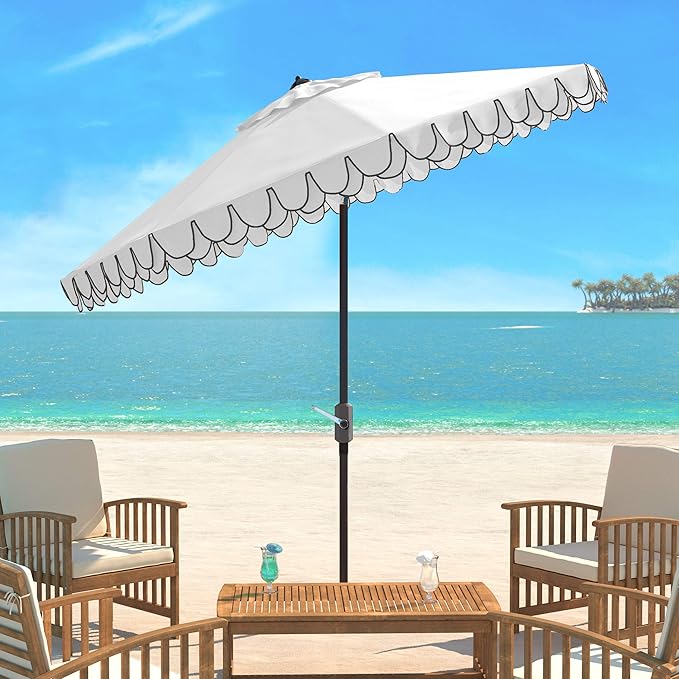 SAFAVIEH 9ft Outdoor Patio Umbrella, Round, Valance, Ivory & Black Trim, Auto Crank Tilt, UV Resistant for Deck, Backyard, Poolside (PAT8006E) - Image 2