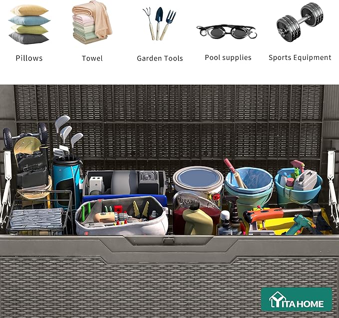 YITAHOME 100 Gallon Resin Deck Box, Weather Resistant Outdoor Storage Box, Lockable Indoor Outdoor Storage for Supplies and Essentials, Taupe - Image 4