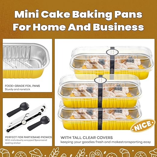 100 PACK Mini Cake Pans with Lids and Spoons, Rectangular Aluminum Foil Bread - Image 5
