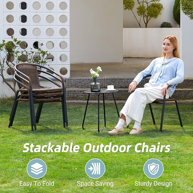 Amopatio Outdoor Dining Chairs Set of 4, Stackable Patio Chairs, Rattan Wicker Patio Dining Chairs Set of 4, Bistro, Deck, Yard, Porch, Brown - Image 3