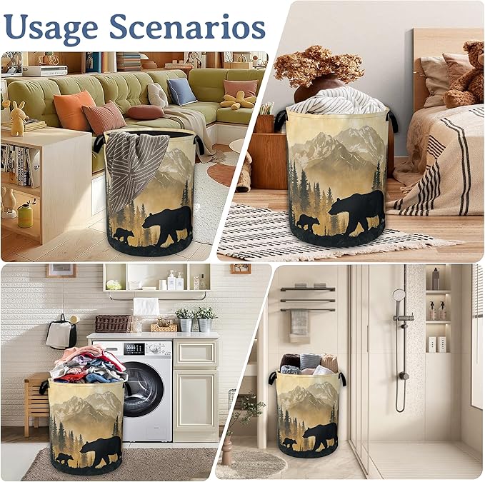 Bear Laundry Basket, Oxford Cloth Golden Mountain Forest Laundry Hamper - Image 7