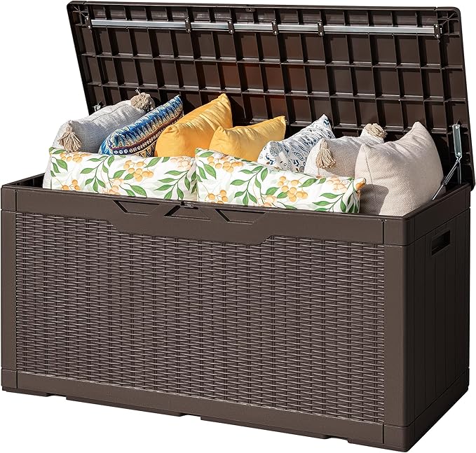 Flamaker Outdoor Storage Box 100 Gallon Waterproof Resin Deck Box Delivery with Air Rod Indoor Outdoor Lockable Storage Bench for Patio Cushions, Tools, Pool Accessories (Deep Brown) by Flamaker