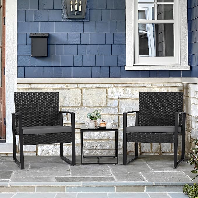 Flamaker 3 Pieces Patio Set Outdoor Wicker Furniture Modern Bistro Rattan Chair Conversation Sets with Coffee Table for Yard (Grey) - Image 5