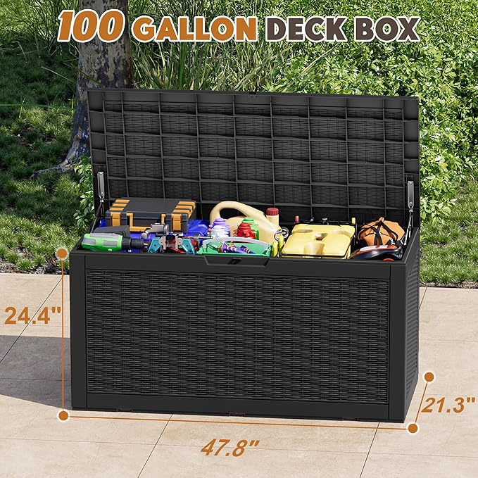Outdoor Storage Box, Resin Deck Boxes Indoor and outdoor, Waterproof Storage Box Lockable Lid (Black,100 Gallon) - Image 2