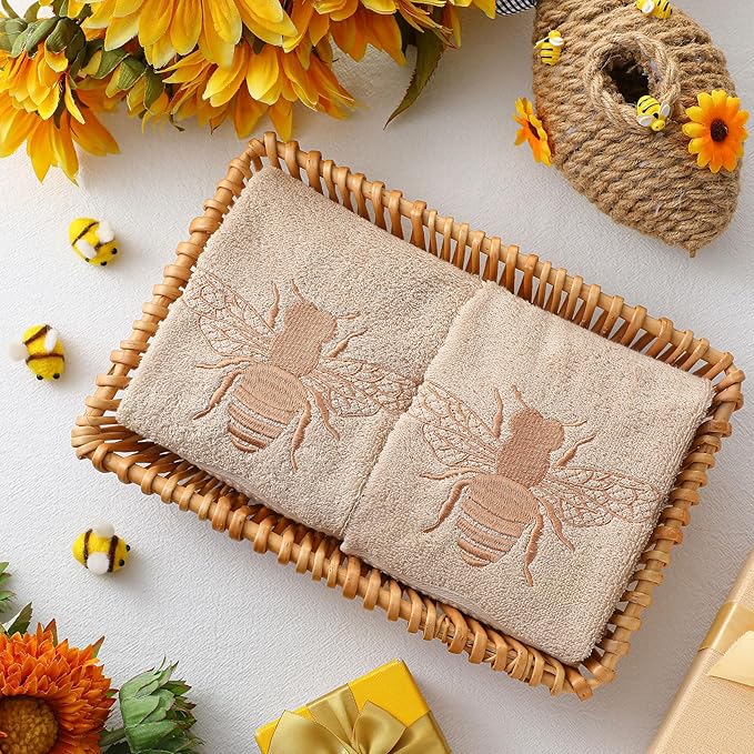 2 Pcs Bee Hand Towels Brown Bathroom Decor 14x29 Inch Embroidered 100% Cotton - Image 6