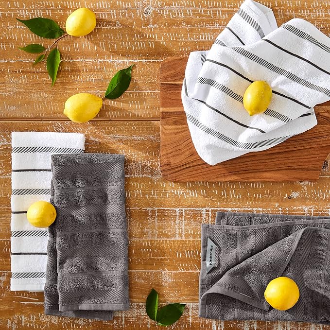 KitchenAid Albany Kitchen Towel 8-Pack Set, Charcoal Grey/White - Image 2