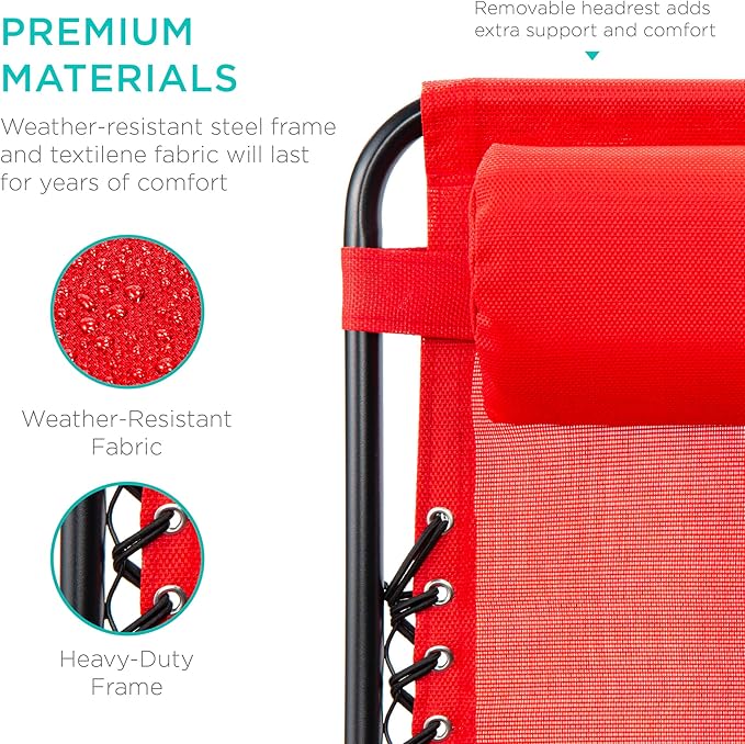 Best Choice Products Set of 2 Adjustable Steel Mesh Zero Gravity Lounge Chair Recliners w/Pillows and Cup Holder Trays - Crimson Red - Image 6
