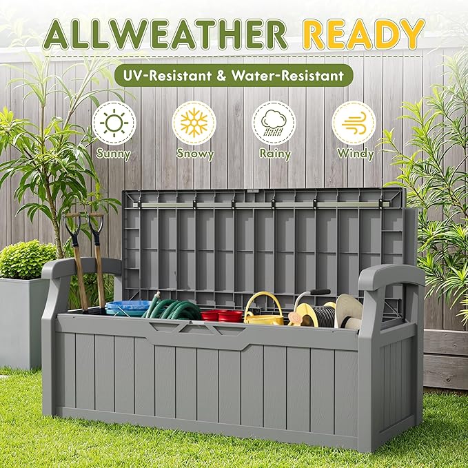 Greesum 80 Gallon Storage Bench Outdoor Deck Box with Armrest, Patio Furniture,Lockable, Waterproof and UV Resistant, Suitable for Garden, Pool, Grey - Image 6