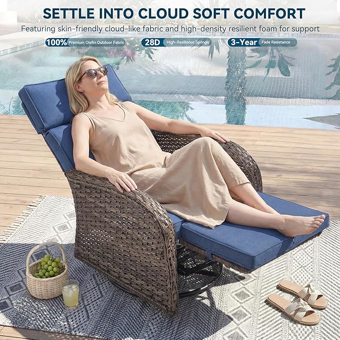 3 Pieces Zero Gravity Patio Swivel Rocking Recliner Chairs Set of 2 - Wicker Outdoor Lounge Chair with Side Table, Adjustable Backrest & Footrest, High Back Outdoor Recliner Chair for Pool Deck Blue - Image 4