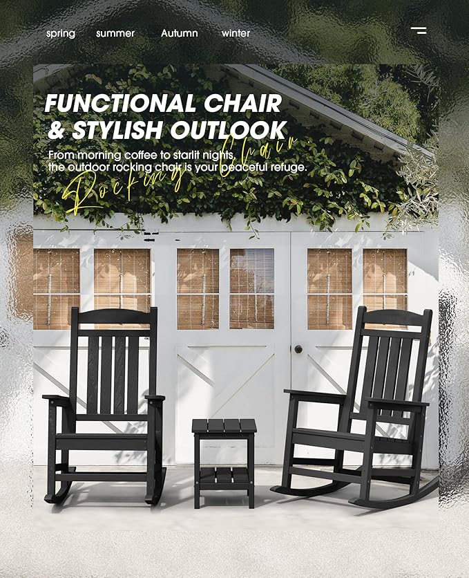 KINGYES Outdoor Rocking Chairs, HDPE All-Weather Patio Rocking Chairs High Back Porch Rocker for Adult, Black - Image 4