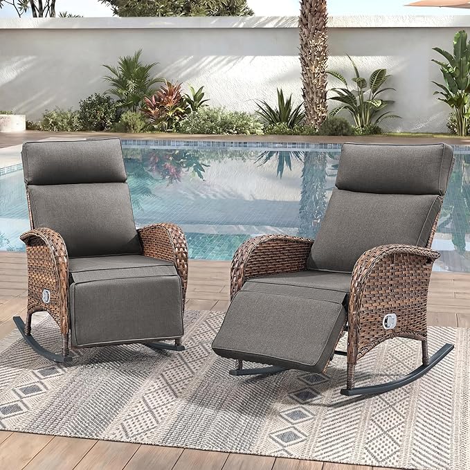Zero Gravity Patio Rocking Wicker Recliner Chairs Set of 2- Wicker Outdoor Lounge Chair with Adjustable Backrest & Footrest, All Weather Reclining Rocker Chairs with Thick Cushion for Pool Deck Grey by JelwalyPatioFurnitureSet