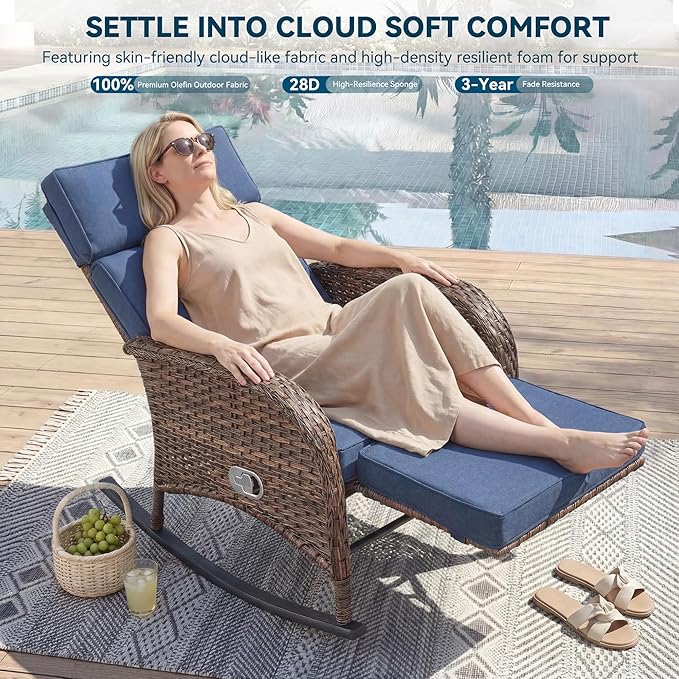 Zero Gravity Patio Rocking Wicker Recliner Chairs Set of 2- Wicker Outdoor Lounge Chair with Adjustable Backrest & Footrest, All Weather Reclining Rocker Chairs with Thick Cushion for Pool Deck Blue - Image 3