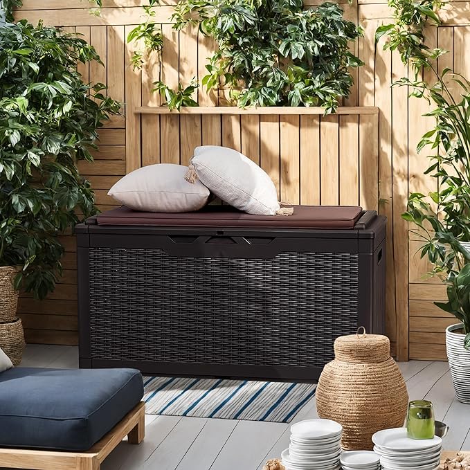 Flamaker Deck Box with Cushion 100 Gallon Waterproof Resin Storage Box with Air Rod Indoor Outdoor Lockable Storage Bench for Patio Furniture, Tools, Pool Accessories (Deep Brown) - Image 7