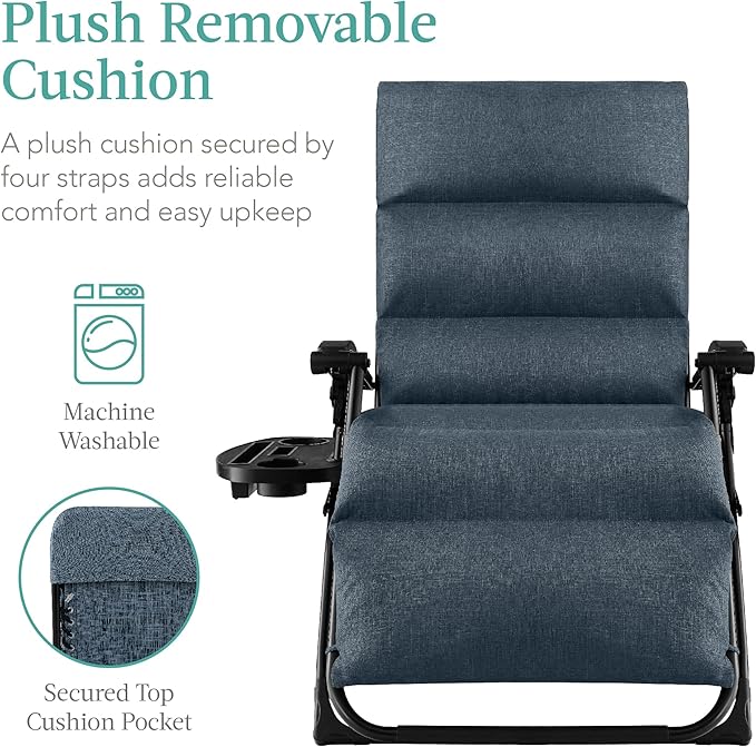 Best Choice Products Oversized Zero Gravity Chair, Folding Outdoor Patio Recliner, XL Anti Gravity Lounger w/Removable Cushion, Cup Holder, Side Tray, 350lb Capacity - Graphite Blue - Image 4
