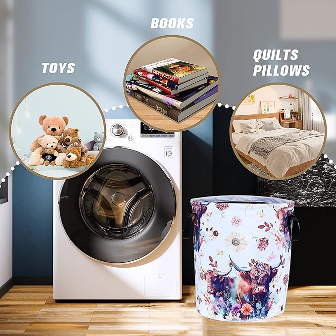 Highland Cow Laundry Basket Cow Animal Foldable Oxford Cloth Funny Tote Bag - Image 4