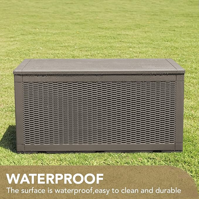 Devoko 100 Gallon Waterproof Large Resin Deck Box Indoor Outdoor Lockable Storage Container for Patio Furniture Cushions Garden Tools (100 Gallon, Light Brown) - Image 4