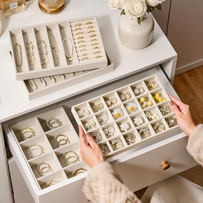 Velvet Jewelry Drawer Organizer Trays – Large Beige Stackable Jewelry Storage - Image 7