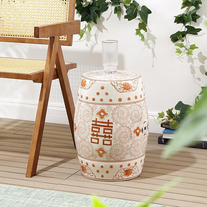 JONATHAN Y TBL1013D Double Happiness 18" Chinoiserie Ceramic Drum Indoor/Outdoor Garden Stool Bohemian, Coastal, Classic, Cottage, Traditional, Patio, Garden, Bathroom, Living Room, Orange/White - Image 6