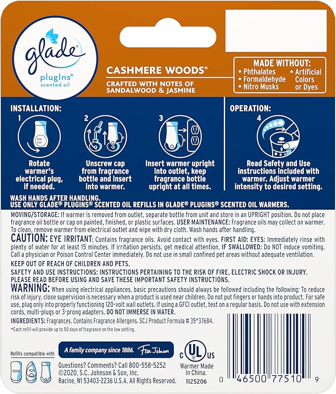Glade PlugIns Refills Air Freshener Starter Kit, Cashmere Woods, Scented and - Image 2