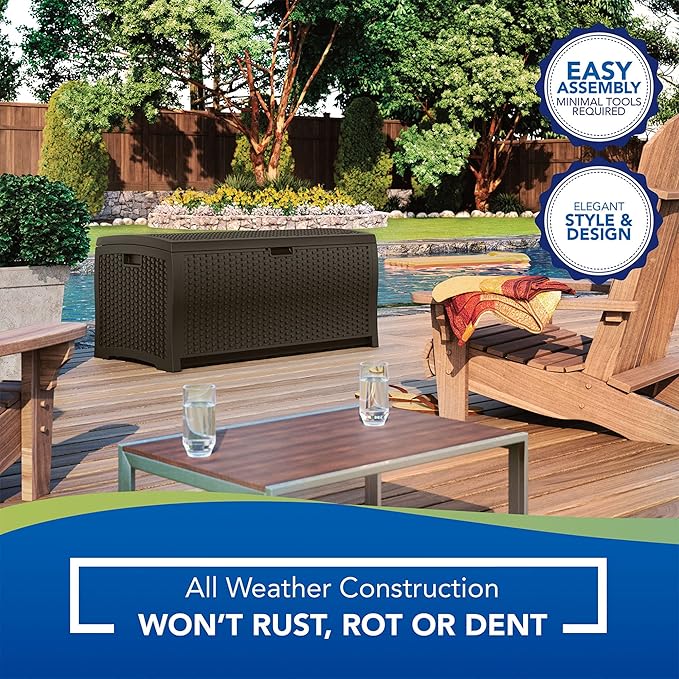 Suncast Outdoor Storage Box - 73 Gallon Mocha Brown Deck Box for Patio, Waterproof Outdoor Storage Bench, Resin Wicker Style, Heavy-Duty, Lockable Lid for Cushions, Shoes, Pool & Garden Gear - Image 9