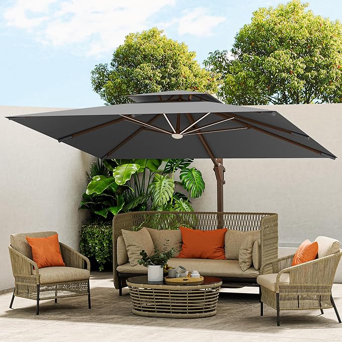 10 X 13 FT Cantilever Outdoor Patio Umbrella with Led Lights Large Heavy Duty 360° Rotation Double Top Offset Rectangular Umbrellas for Backyard Garden Pool Outside Deck, Grey by MEVBC