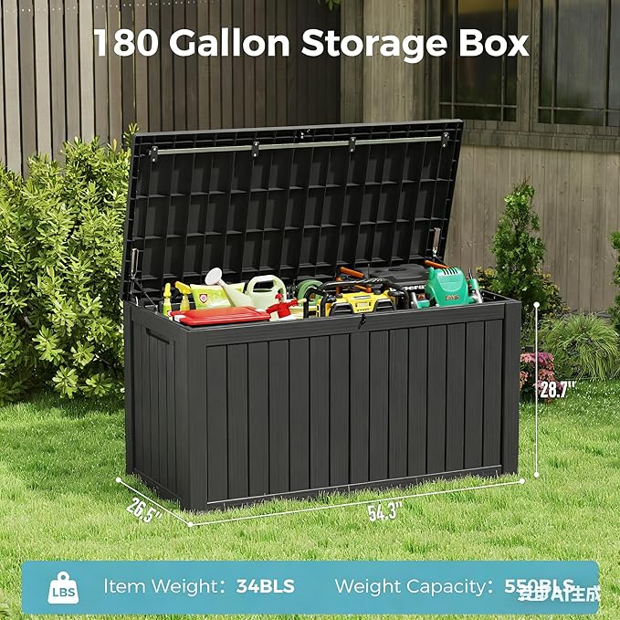 Outdoor Storage Box, Resin Deck Boxes Indoor and outdoor, Waterproof Storage Box Lockable Lid (Grey, 180 Gallon) - Image 2