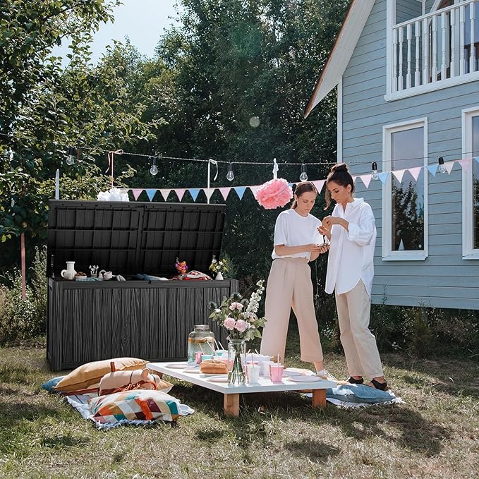 230 Gallon Resin Deck Box, Lockable Patio Outdoor Storage Box for Furniture, Garden Tools and Tools Storage, Waterproof Outside Storage Boxes - Black - Image 7