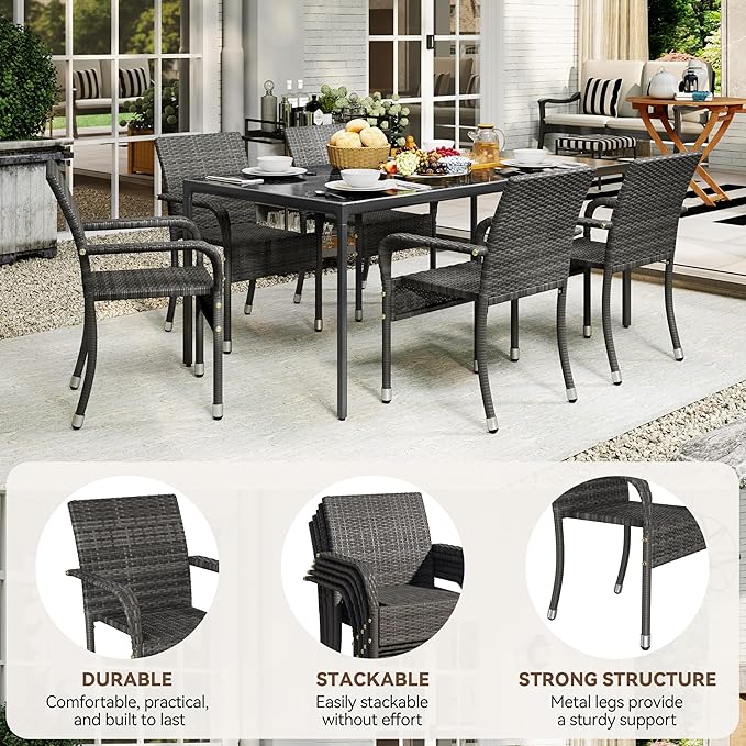 Yaheetech Set of 6 Stackable Outdoor Rattan Dining Chairs, All-Weather Armchair w/Armrests, Steel Frame for Garden, Patio, Deck, Yard, Poolside Gray - Image 8