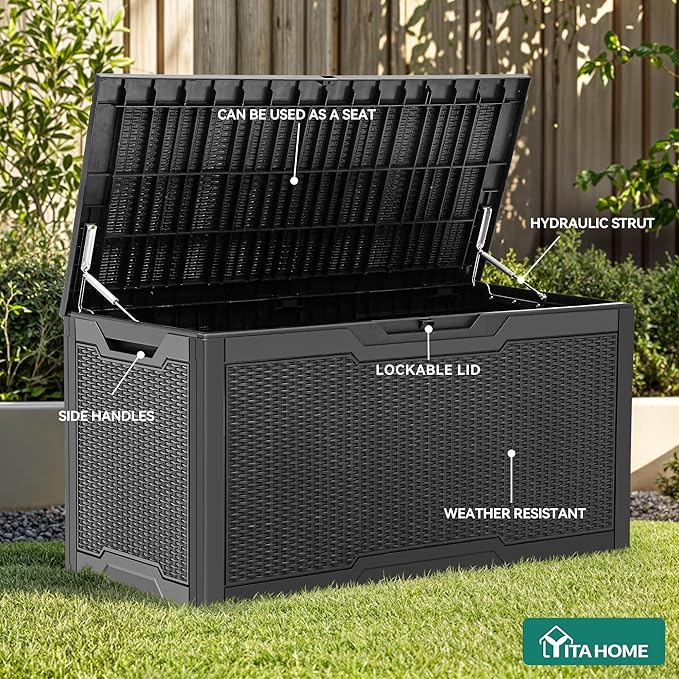 YITAHOME 100 Gallon Resin Deck Box, Weather Resistant Outdoor Storage Box, Lockable Indoor Outdoor Storage for Supplies and Essentials, Black - Image 4