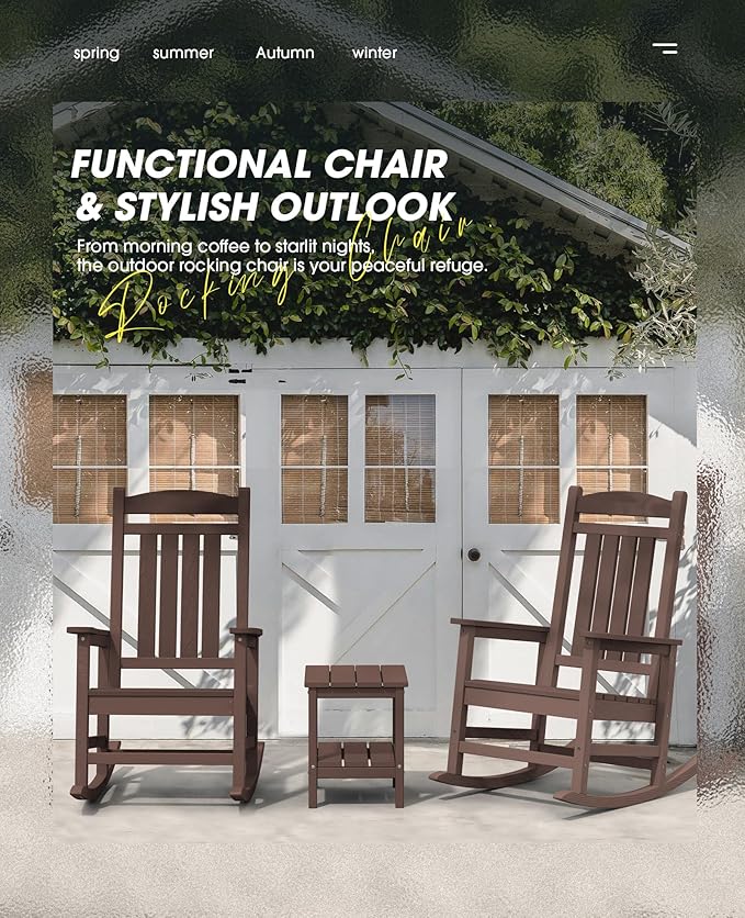 KINGYES Outdoor Rocking Chair Set 2, All Weather HDPE Patio Rocking Chairs for Adults, Coffee Brown - Image 2