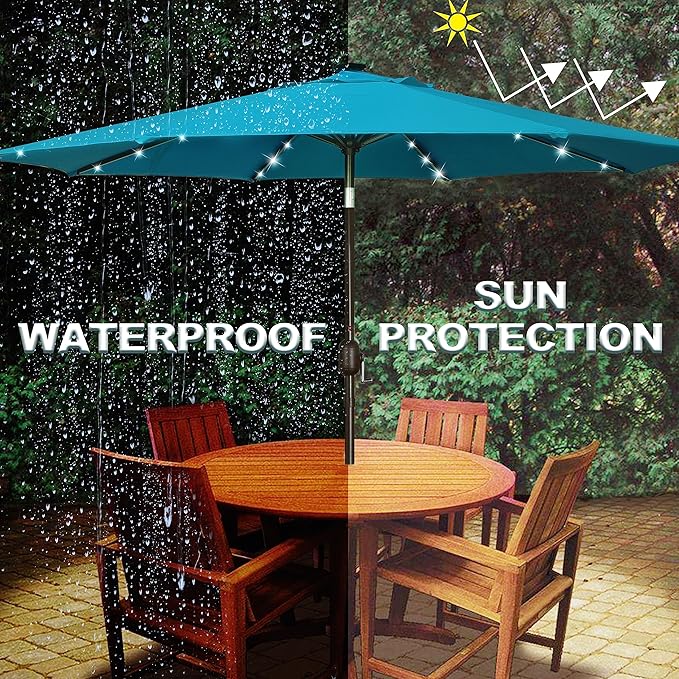 Blissun 9 ft Solar Umbrella 32 LED Lighted Patio Umbrella Table Market Umbrella with Tilt and Crank Outdoor Umbrella for Garden, Deck, Backyard, Pool and Beach (Cerulean) - Image 4