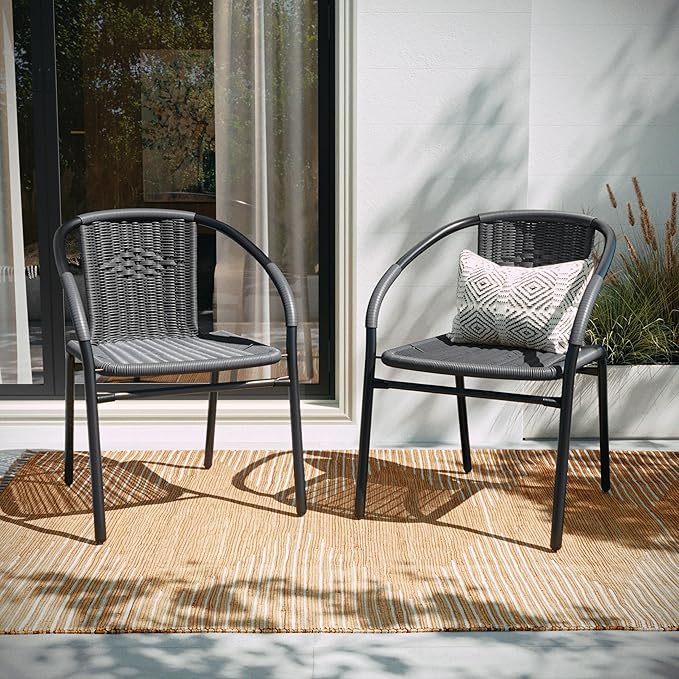 EMMA + OLIVER Set of 2 Modern Rattan Indoor/Outdoor Stack Chairs, Stacking Rattan Patio Chairs with Curved Back and Cross Bracing, Gray - Image 6