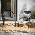 EMMA + OLIVER Set of 2 Modern Rattan Indoor/Outdoor Stack Chairs, Stacking Rattan Patio Chairs with Curved Back and Cross Bracing, Gray - Image 6