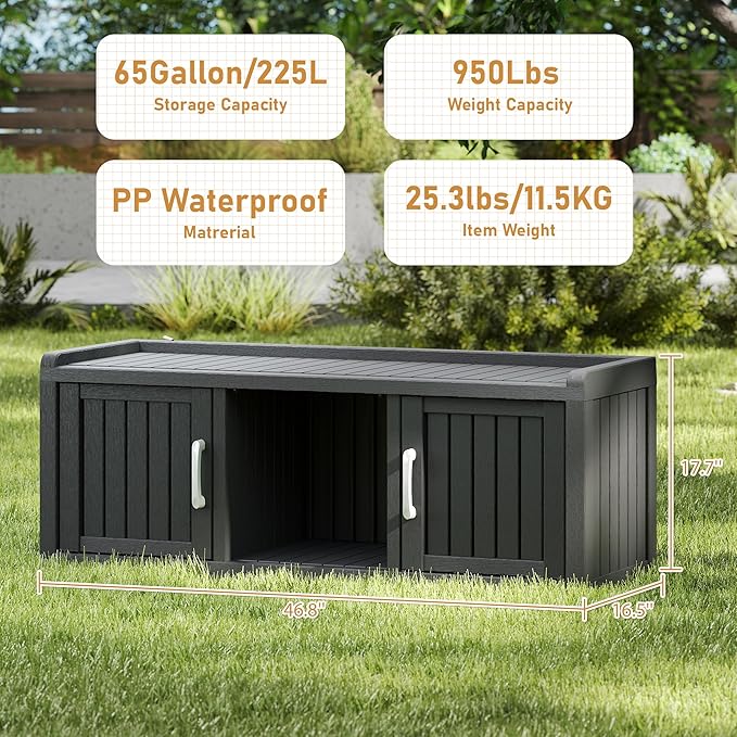 2-Tier Storage Bench, Waterproof UV-Resistant Outdoor Shoe Storage Cabinet with 2 Doors & Adjustable Shelves for Indoor Outdoor Entryway, Hallway, Living Room(Black) - Image 3