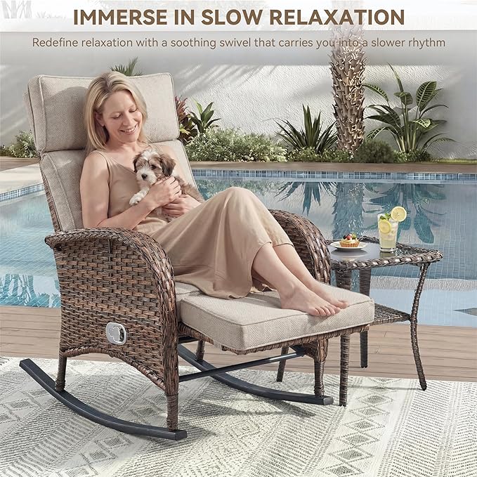 Zero Gravity Patio Rocking Wicker Recliner Chair - Wicker Outdoor Lounge Chair with Adjustable Backrest & Footrest, All Weather Reclining Rocker Chairs with Thick Cushion for Pool Deck Beige - Image 3