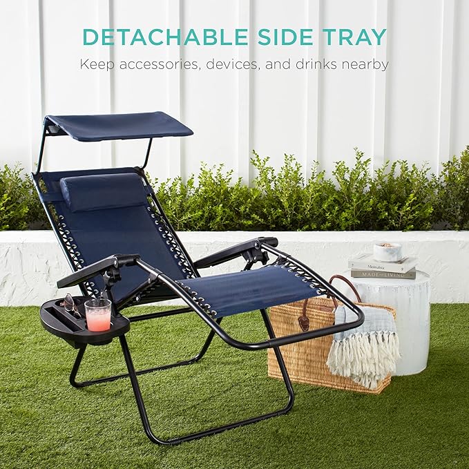 Best Choice Products Folding Zero Gravity Outdoor Recliner Patio Lounge Chair w/Adjustable Canopy Shade, Headrest, Side Accessory Tray, Textilene Mesh - Navy Blue - Image 7