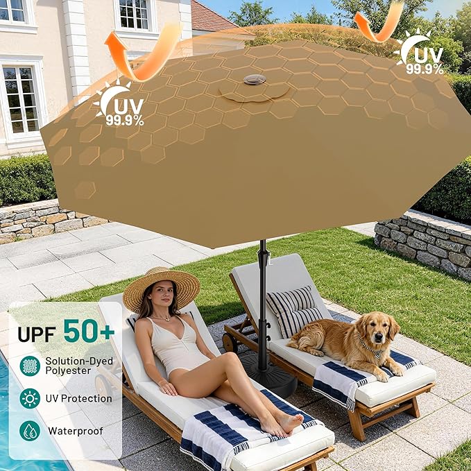 AreShark 9 FT Patio Umbrella for Outdoor, Outdoor Table Umbrella with Push Button Tilt and Crank, Outdoor Patio Umbrellas with 8 Sturdy Ribs for Market, Garden, Pool (Khaki) - Image 4