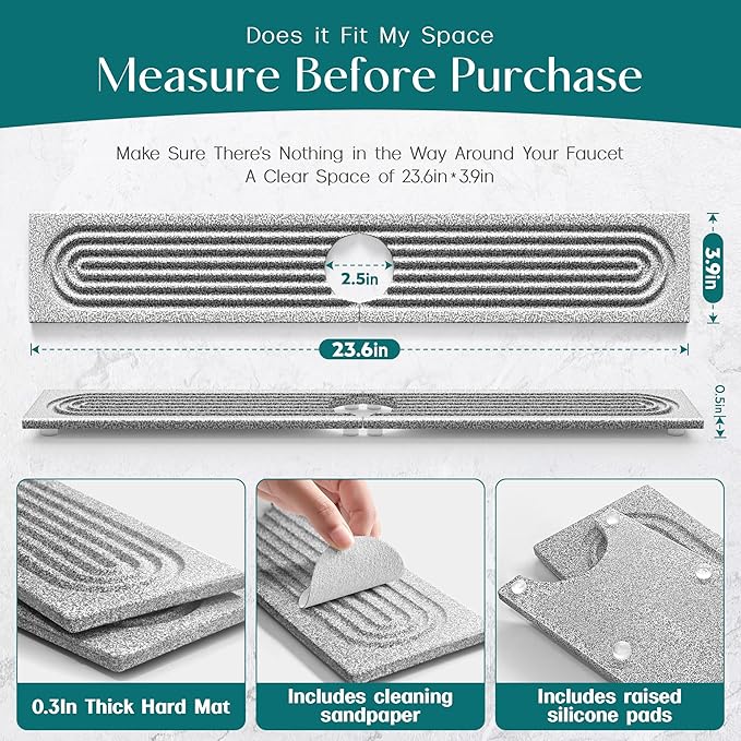 Stone Kitchen Sink Faucet Mat, Premium Upgraded Diatomite Drying Stone Mat & - Image 3