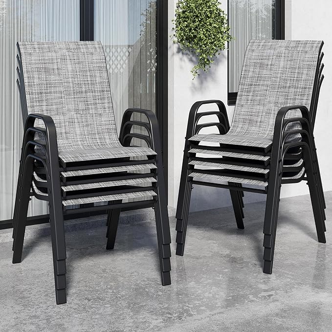 Patio Chairs Set of 8, Stackable Outdoor Dining Chairs for All Weather Textilene Fabric & Metal Frame, Outdoor Chairs Set for Backyard Deck Garden (Grey, Set of 8) by Vimstora