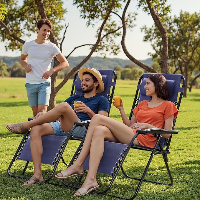 Homall Zero Gravity Chair Patio Folding Lawn Outdoor Lounge Gravity Camp Reclining Lounge Chair with Cup Holder Pillows for Poolside Backyard and Beach Set of 2 (Blue) - Image 2