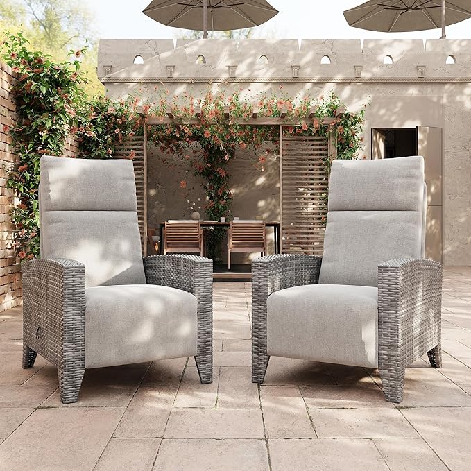 IDEALHOUSE Wicker Outdoor Recliner Reclining Patio Chairs with Adjustable Back & Footrest 150° Lay-Flat Reclining with Air Pump Rattan Flip-Up Side Table Outdoor Lounge Chairs for Pool Deck Balcony by IDEALHOUSE