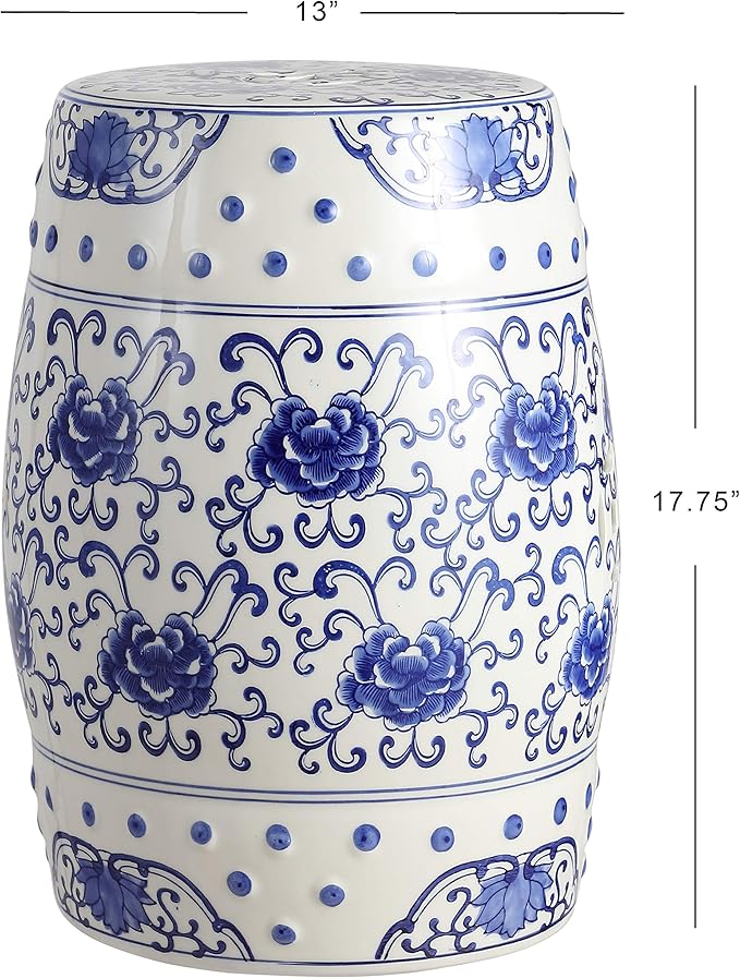 JONATHAN Y TBL1000A Lotus Flower 17.8" Chinoiserie Ceramic Drum Indoor/Outdoor Garden Stool Bohemian, Coastal, Classic, Cottage, French Country, Traditional, Bathroom, Garden Room, Patio, Blue/White - Image 3