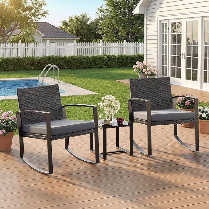 3 Pieces Outdoor Patio Furniture Set Rocking Bistro Set Outdoor Rattan Conversation with Coffee Table for Garden Balcony Backyard Poolside (Grey Cushion) - Image 7