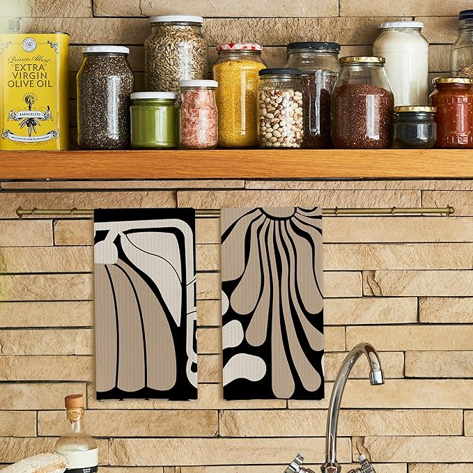 Abstract Boho Neutral Taupe and Beige Floral Kitchen Towels Set of 2, Retro 70s - Image 2
