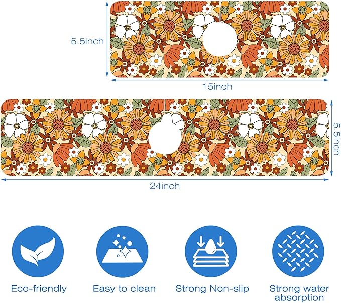 70s Retro Orange Floral Kitchen Sink Splash Guard Mat Absorbent Fast Drying Mat - Image 3