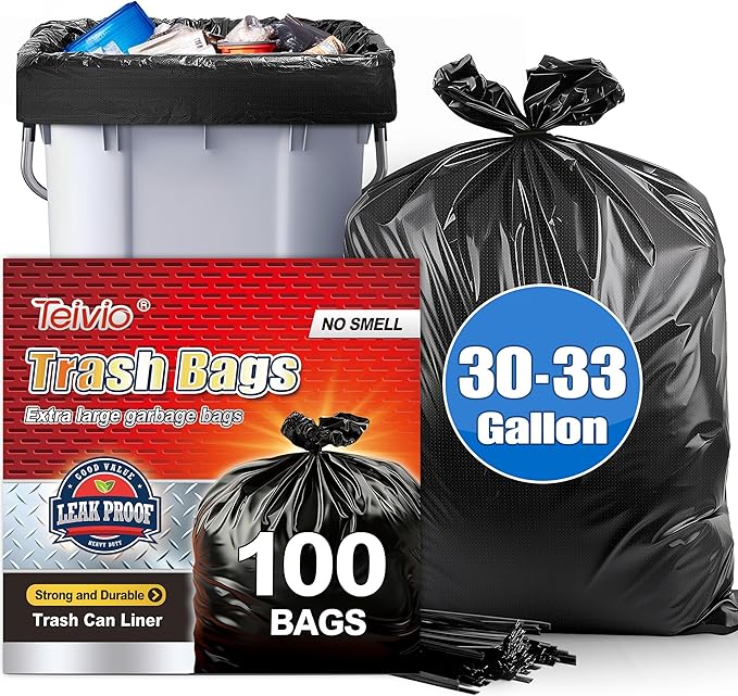 30-33 Gallon 100 Counts Large Trash Bags w/Ties Black Garbage Bags, Large Trash by Teivio