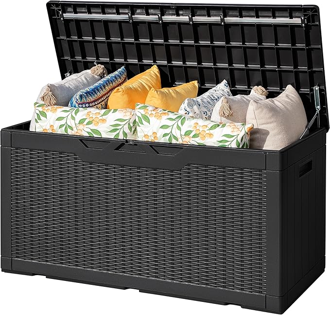 Flamaker Outdoor Storage Box 100 Gallon Waterproof Resin Deck Box Delivery Box with Air Rod Indoor Outdoor Lockable Storage Bench for Patio Cushions, Tools, Pool Accessories (Black) by Flamaker