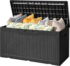 Flamaker Outdoor Storage Box 100 Gallon Waterproof Resin Deck Box Delivery Box with Air Rod Indoor Outdoor Lockable Storage Bench for Patio Cushions, Tools, Pool Accessories (Black) by Flamaker
