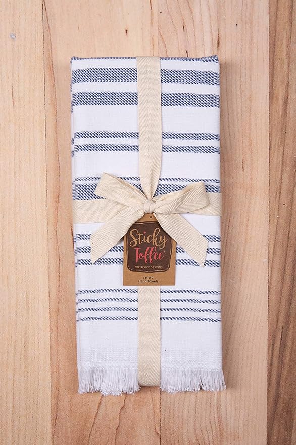 Sticky Toffee Hand Towels for Bathroom Set of 2 – 28x16 in White and Navy Blue - Image 6