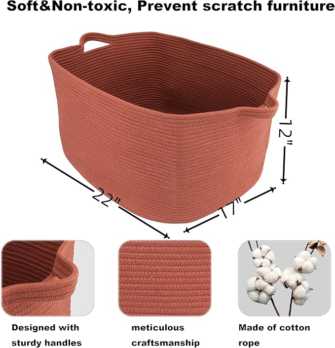 Large Rectangle Blankets Basket Living Room 22"x17"x12" Woven Cotton Rope - Image 2